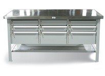 StrongHold T7236-9DB-CCSL-SSTOP Industrial Shop Table with 9 Key-Lock Drawers and Stainless Steel Top 72x36x34 1 Shelves