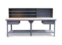 StrongHold T9636-MBS-2DB-MT Industrial Shop Table with Maple Top Drawers and Riser Shelf 96x36x34 1 Shelves