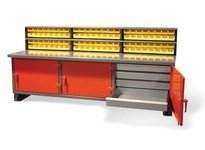 StrongHold WB-15329 Triple-Shift Workbench with Bins and Lockable Doors 108x30x34 2 Shelves