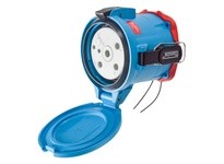 Meltric 63-94043-262-NC DSN150 RECEPTACLE POLY BLUE SIZE 5 TYPE 4X IP 69 3P+G 150 A 480 VAC 60 Hz +2 AUX SELF-RETURNING LID