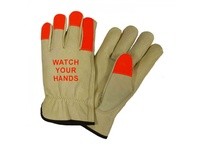 990KOT/XS Cowhide Leather Drivers Keystone Thumb HV Org Fingertips & WATCH YOUR HANDS