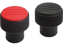 KIPP K0247.1066 KNURLED KNOB SIZE:1 D=M06 D1=21 H=22 THERMOPLASTIC BLACK RAL7021 COMP:STEEL CAP:RED RAL3020