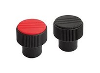 KIPP K0247.1A26 KNURLED KNOB SIZE:1 D=1/4-20 D1=21 H=22 THERMOPLASTIC BLACK RAL7021 COMP:STEEL CAP:RED RAL3020