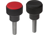 KIPP K0247.2086X40 KNURLED KNOB SIZE:2 D=M08X40 D1=26 H=26 THERMOPLASTIC BLACK RAL7021 COMP:STEEL CAP:RED RAL3020