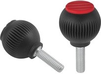 KIPP K0253.02083X40 SPHERICAL KNOB SIZE:2 D1=32 D=M08X40 THERMOPLASTIC BLACK RAL7021 COMP:STAINLESS STEEL CAP:BLUE RAL5017