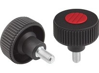 KIPP K0260.51086X60 KNURLED KNOB SIZE:1 D1=40 D=M08X60 FORM:L THERMOPLASTIC BLACK RAL7021 COMP:STEEL CAP:RED RAL3020