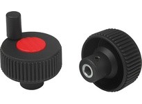 KIPP K0262.13CN6 KNURLED KNOB WITH HANDLE SIZE:3 D1=63 FORM:M W.TRANSV.BORE THERMOPLASTIC BLACK RAL7021 COMP:STEEL CAP:RED